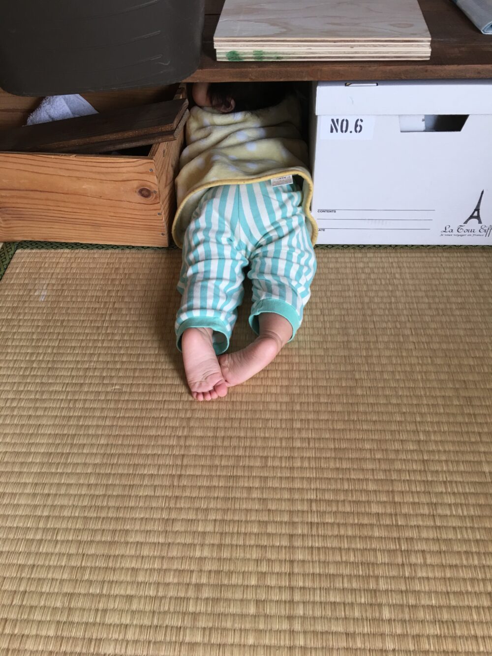 1歳2ヶ月頃の長男　すきまを見つけて頭を突っ込む